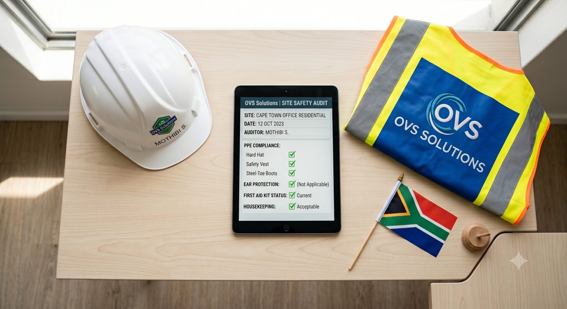 A flat-lay top-down view of a clean desk with a tablet showing a digital safety audit checklist, a hard hat, safety vest, and a small South African flag. Bright natural lighting, minimal styling.